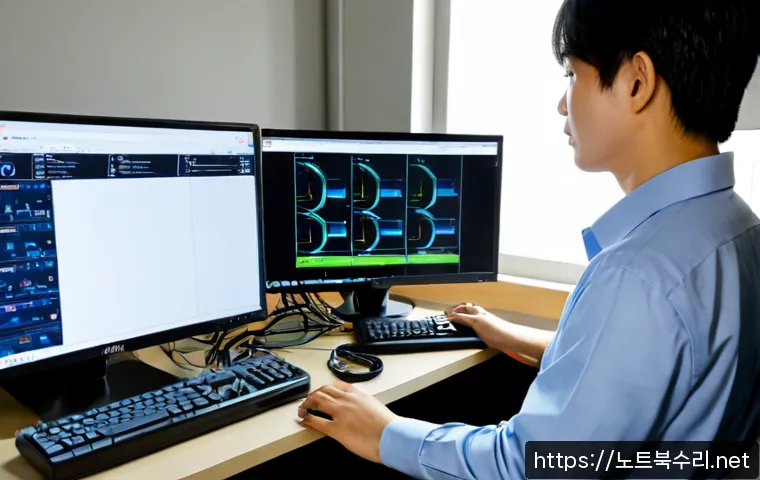 임학동 네트워크구축 설정 및 세팅오류해결 - Photorealistic network technician configuring a compact office workstation in Imhak-dong, neatly arr...