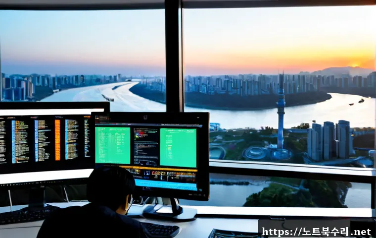 한강로 부팅안됨 - Photorealistic IT support workstation in a modern Hangang-ro office tower, desktop computer halted a...
