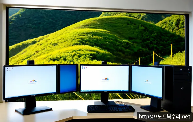 녹번동 SESSION3_INITIALIZATION_FAILED - Photorealistic IT support workstation in a compact Eunpyeong-gu office, dual monitors showing abstra...