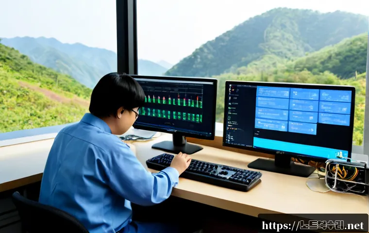 화도면 STATUS_IMAGE_INVALID - Photorealistic remote IT support workstation in a quiet semi-rural Korean office, dual monitors show...