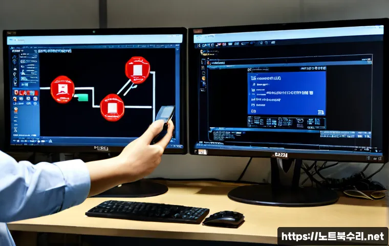 송중동 STATUS_KERNEL_HANDLE_INVALID - Photorealistic IT support workstation in Songjung-dong, Seoul, dual monitors showing a clean abstrac...