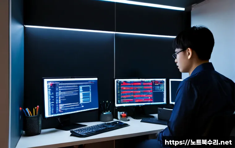 학온동 STATUS_IMAGE_CHECKSUM_MISMATCH - Photorealistic IT technician at a sleek workstation in a compact Hagon-dong office, dual monitors sh...