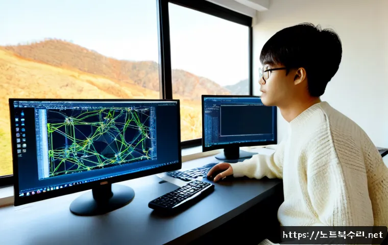 창우동 PAGE_TABLE_CORRUPT - Photorealistic remote-support workstation in a quiet Changudong apartment, dual monitors showing abs...