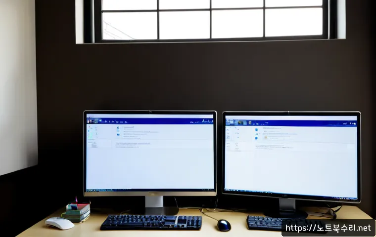 주성동 STATUS_SYSTEM_FILE_MISSING - Photorealistic IT support workstation in a quiet Juseong-dong apartment office, dual monitors showin...