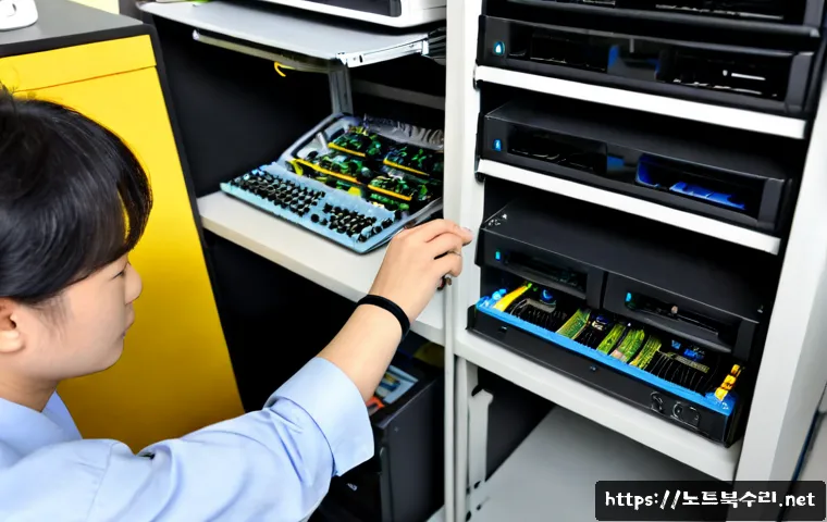남북동 RAM조립 및 교체수리 - Photorealistic computer repair workstation in a compact Nam-buk-dong office, technician wearing an a...