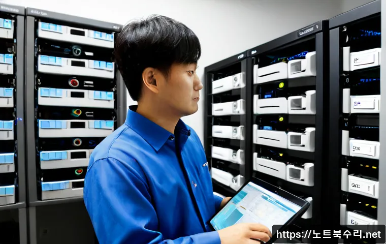 경기광주 파일서버출장방문수리점 - Photorealistic on-site file server repair in a compact Gyeonggi Gwangju architecture office, technic...