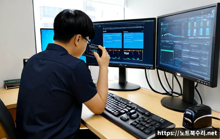태전동 CRITICAL_OBJECT_TERMINATION - Photorealistic remote IT support workstation in a compact Taejeon-dong office, dual monitors showing...
