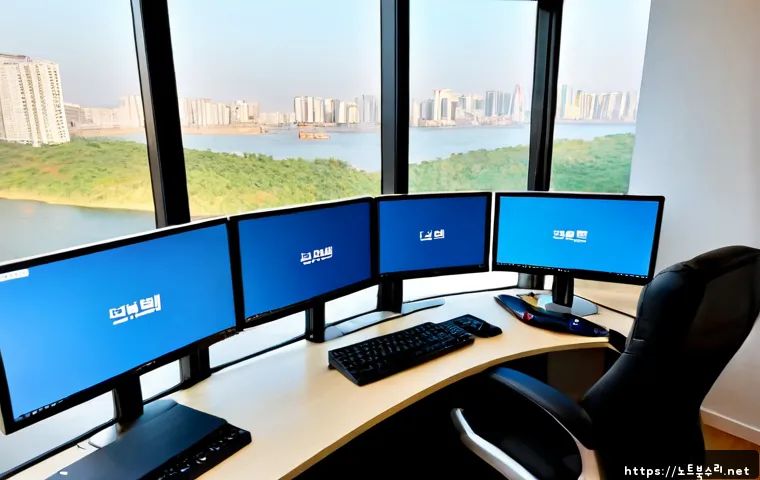 천호동 PAGE_FAULT_IN_NONPAGED_AREA - Photorealistic IT support workstation in a compact Cheonho-dong apartment office, dual monitors show...