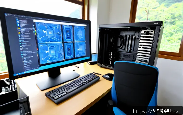 단월면 쿨러조립 및 교체수리 - Photorealistic remote-support workstation in a quiet rural Korean township home office, technician i...