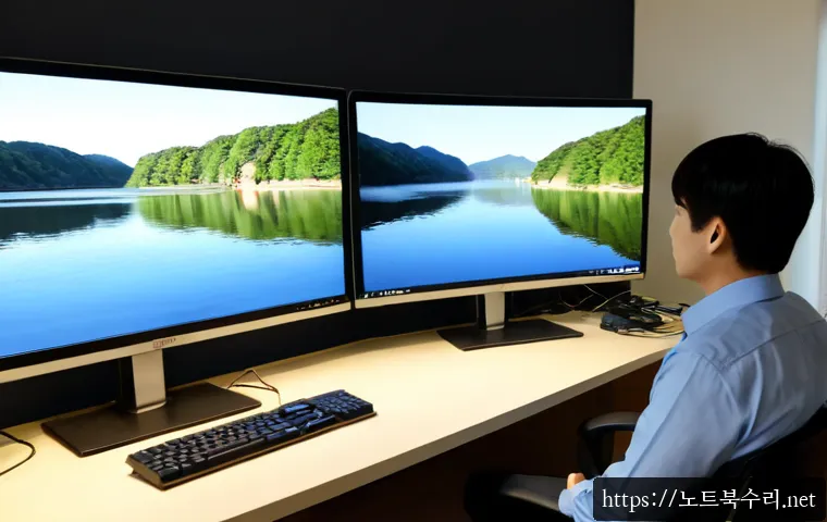 일산 STATUS_KERNEL_POWER_FAILURE - Photorealistic IT support workstation in Ilsan, dual-monitor office desk with one monitor suddenly b...