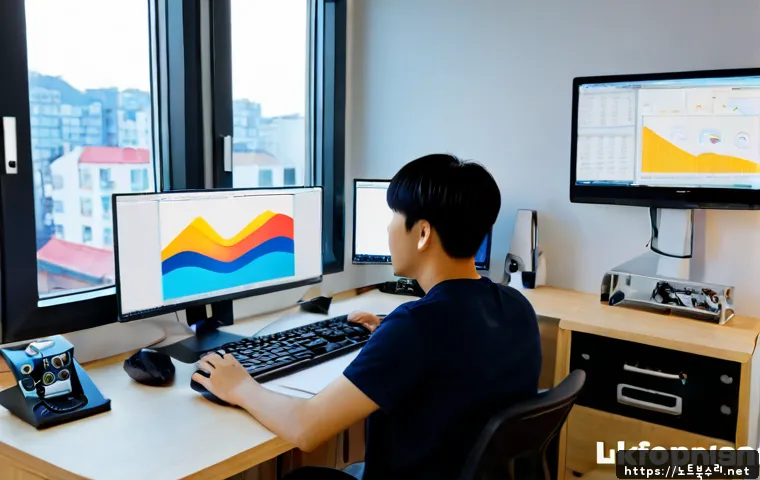 마포동 CRITICAL_OBJECT_TERMINATION - Photorealistic remote-support workstation in a compact Mapo-dong office, dual monitors showing abstr...