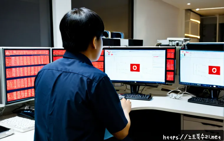 장교동 STATUS_IMAGE_ACCESS_DENIED - Photorealistic IT support workstation in a compact central Seoul office, dual monitors showing a gen...