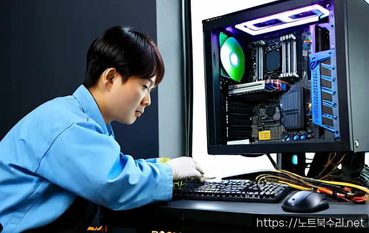 북내면 그래픽카드조립 및 교체수리 - Photorealistic PC repair workstation in a quiet Korean rural township, technician wearing anti-stati...