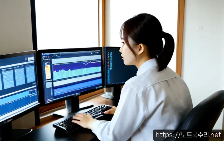 미산동 STATUS_KERNEL_REGISTRY_ERROR - Photorealistic IT support workstation in a compact Misan-dong office, dual monitors displaying abstr...