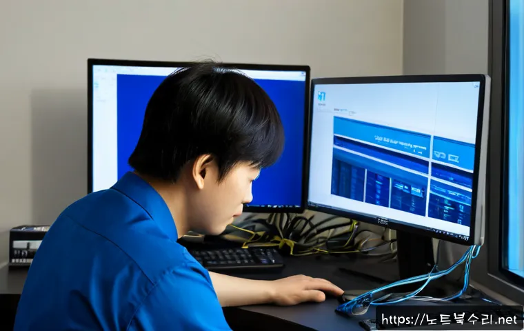 동부동 BAD_SYSTEM_CONFIG_INFO - Photorealistic IT support workstation in a compact Dongbu-dong office, dual monitors with one screen...