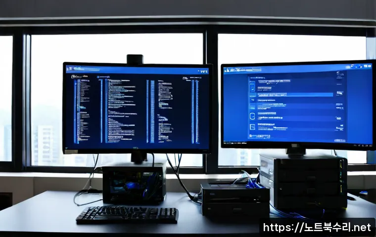 양평동 STATUS_KERNEL_INIT_FAILURE - Photorealistic IT support workstation in a compact Yangpyeong-dong office, dual monitors showing a d...