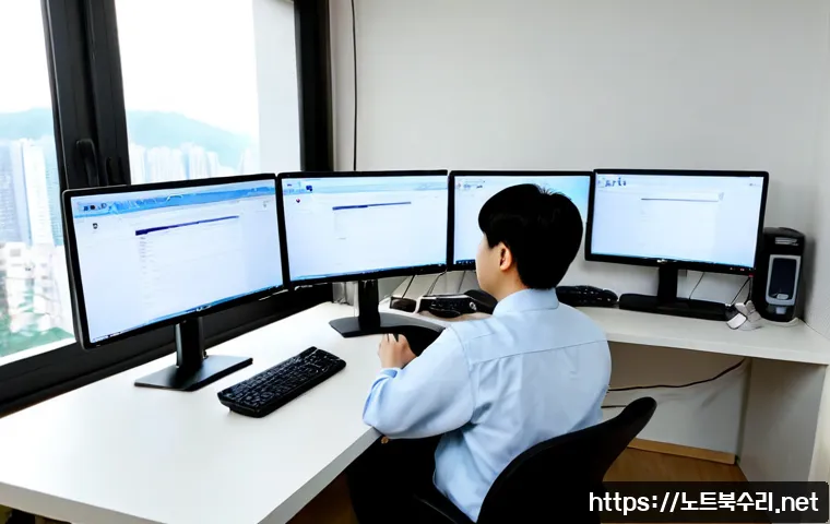 수정구 STATUS_INVALID_PARAMETER - Photorealistic IT support workstation in Seongnam’s Sujeong district, a focused technician using a d...