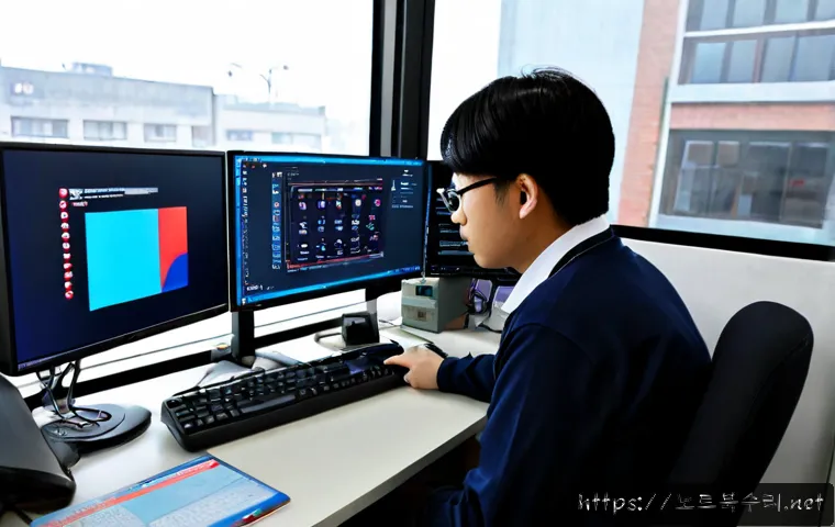 월암동 STATUS_KERNEL_BLOCKED - Photorealistic IT support workstation in a quiet Wolam-dong office, dual monitors showing abstract n...