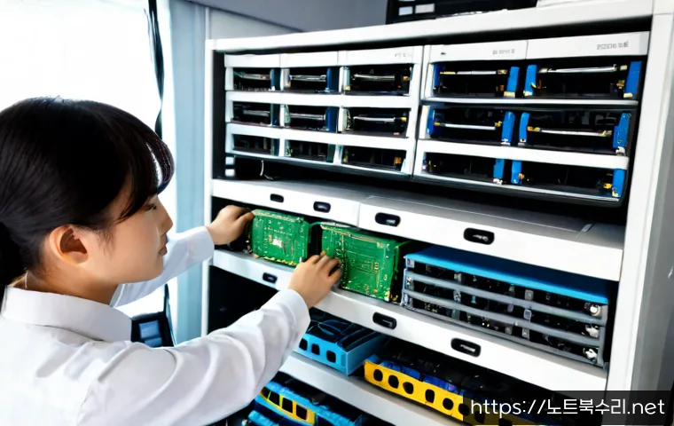 분당동 파일서버출장방문수리점 - Photorealistic on-site file server repair inside a compact Bundang-dong design studio, technician co...