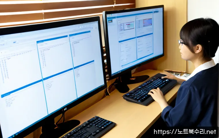 미성동 MEMORY_MANAGEMENT - Photorealistic remote-support workstation in a compact Misinseong apartment office, dual monitors sh...