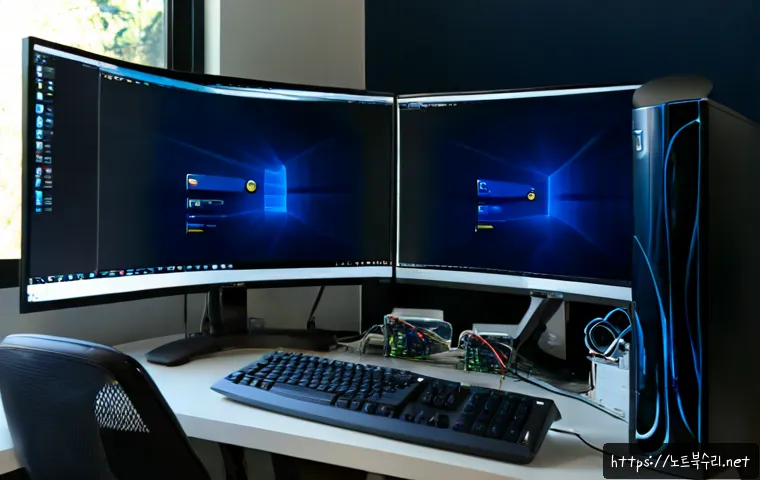 화도읍 STATUS_KERNEL_STACK_CORRUPTION - Photorealistic IT support workstation in a compact office near wooded hillside suburbs, dual monitor...