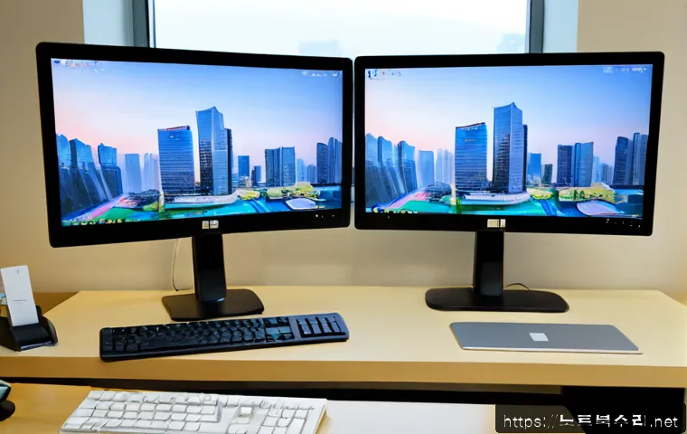 안양시 STATUS_FLOAT_OVERFLOW - Photorealistic software support workstation in Anyang, dual monitors showing a clean abstract office...