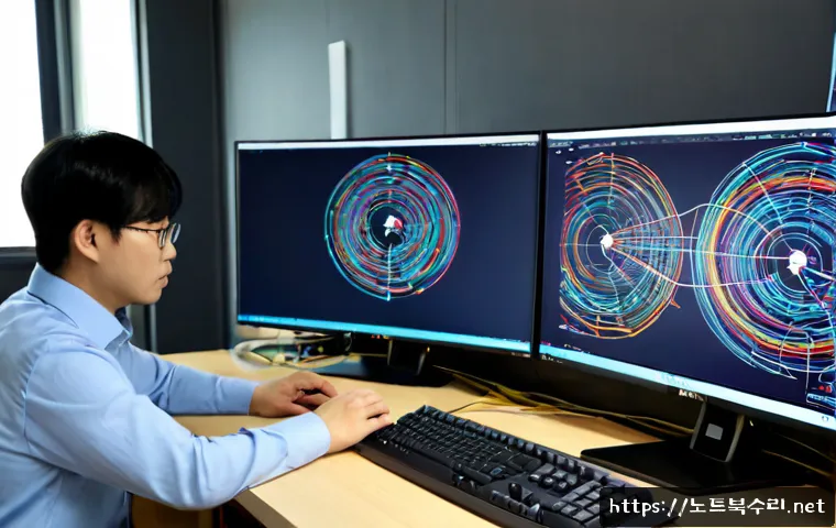 진위면 STATUS_INVALID_THREAD - Photorealistic IT support workstation in a quiet Korean suburban industrial office, dual monitors sh...