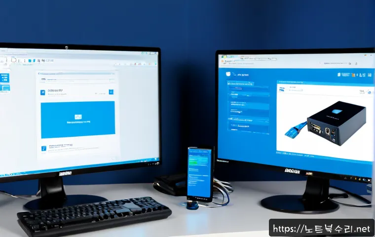 야동동 BAD_SYSTEM_CONFIG_INFO - Photorealistic IT support workstation, dual monitors showing a clean abstract blue system recovery i...