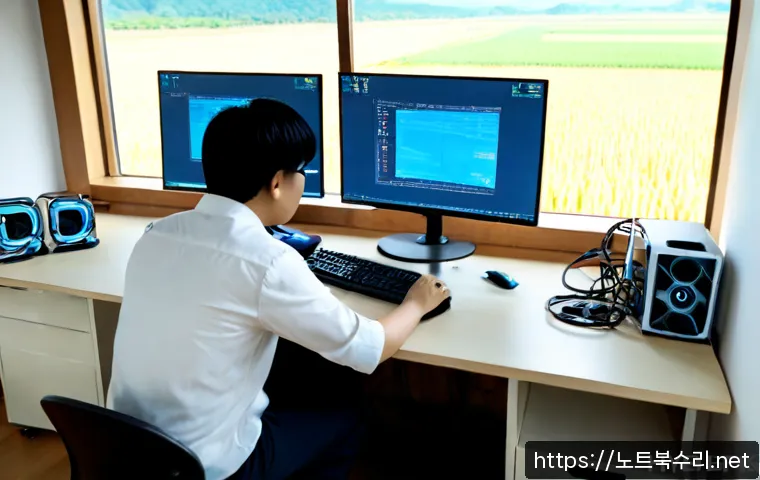 하점면 DRIVER_CAUSED_SYSTEM_CRASH - Photorealistic IT support workstation in a quiet rural office near Ganghwa Island, dual monitors sho...