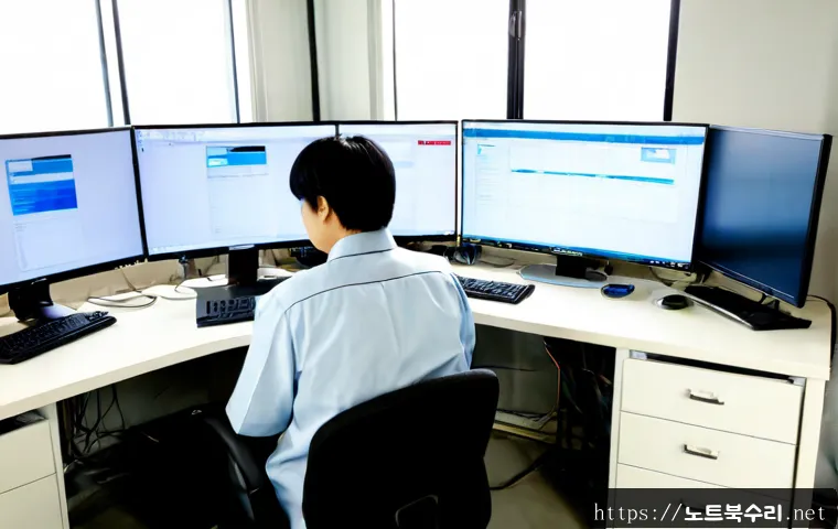 양평동 공장초기화복구 - Photorealistic IT recovery workstation inside a compact Yangpyeong-dong industrial office, technicia...