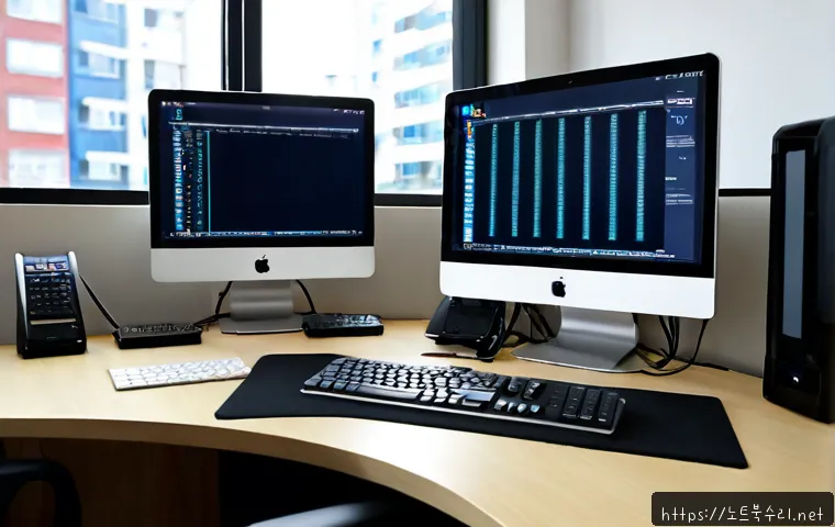 보라동 STATUS_KERNEL_ACCESS_DENIED - Photorealistic IT support workstation in a modern office near a quiet Korean residential district, d...