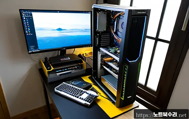 화양동 컴퓨터업그레이드 - Photorealistic computer upgrade workstation in a compact Hwayang-dong apartment studio, technician i...
