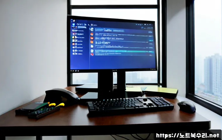 가정동 a disk read error occurred - Photorealistic remote-support workstation in a Gajeong-dong apartment home office, desktop monitor s...