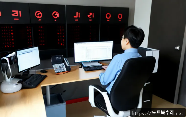 수리동 STATUS_MODULE_ACCESS_DENIED - Photorealistic remote-support workstation in a compact Korean apartment office, technician studying ...