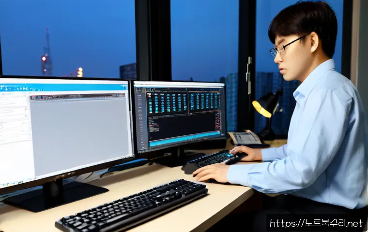 반포동 STATUS_MODULE_NOT_FOUND - Photorealistic premium desktop support workstation in Banpo-dong, dual monitors showing a blank soft...
