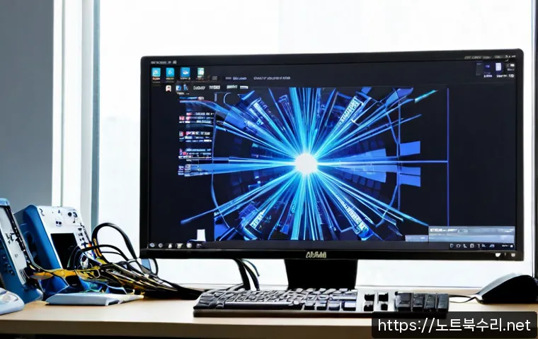 마산동 ACPI_BIOS_ERROR - Photorealistic IT support workstation in a compact Masan-dong office, desktop monitor showing a blan...