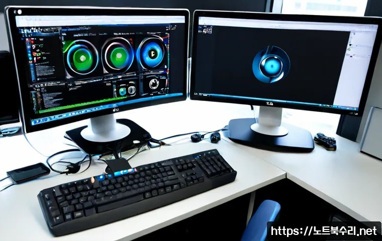 미아리 IO_DEVICE_ERROR - Photorealistic IT support workstation in a compact northern Seoul office, dual monitors showing a cl...