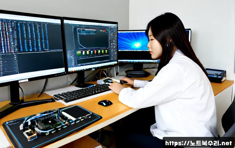 의정부동 HARDWARE_FAILURE - Photorealistic IT support workstation in a compact Uijeongbu-dong office, desktop tower opened besid...