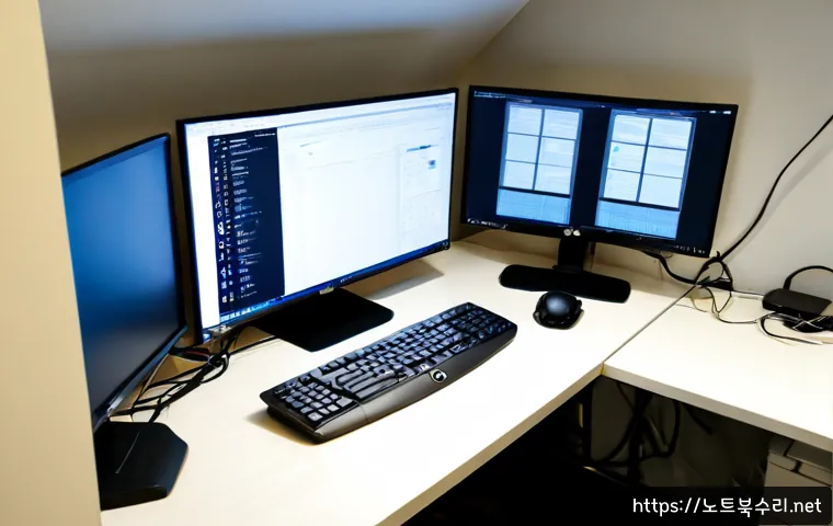 석관동 SOFTWARE_EXCEPTION - Photorealistic remote IT support workstation in a compact Seokgwan-dong apartment office, dual monit...
