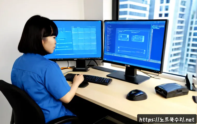 일패동 STATUS_KERNEL_REGISTRY_ERROR - Photorealistic IT support workstation in a compact apartment office, dual monitors showing a clean a...