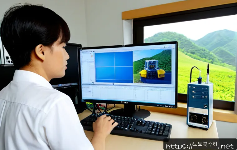 오포읍 워크스테이션출장방문수리점 - Photorealistic on-site workstation repair in a quiet semi-rural Korean township office, technician d...