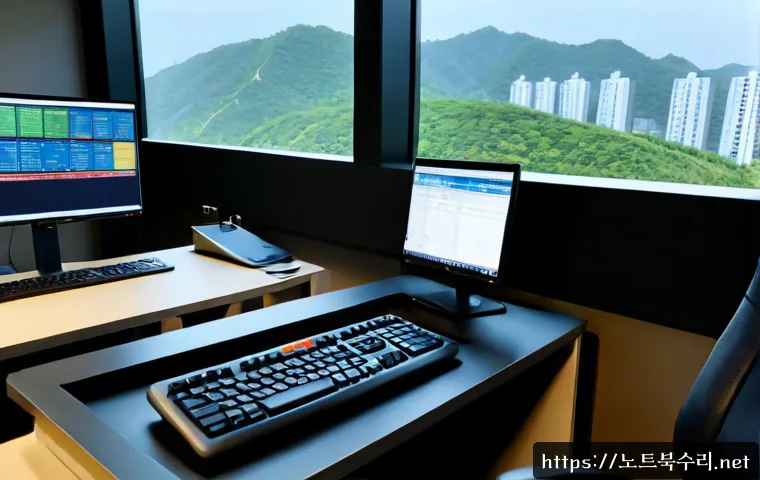 군포시 CRITICAL_OBJECT_TERMINATION - Photorealistic IT support workstation in Gunpo, South Korea, dual monitors showing an abstract proce...