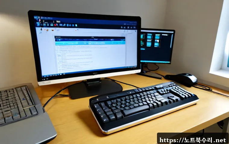 신읍동 컴퓨터멈춤 - Photorealistic remote-support workstation in a compact Korean apartment office, desktop monitor froz...