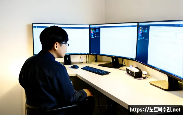 불로동 STATUS_KERNEL_MODULE_ACCESS_DENIED - Photorealistic IT support workstation in a compact Korean apartment office, dual monitors showing ab...