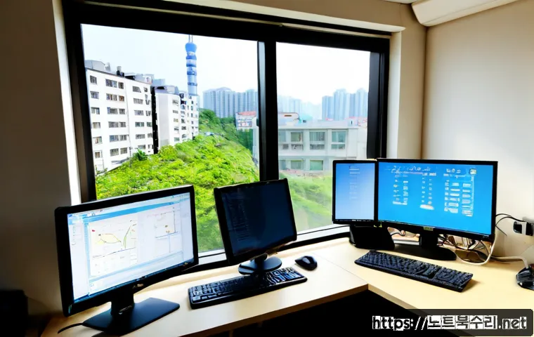 송촌동 DRIVER_VERIFIER_DETECTED_VIOLATION - Photorealistic IT support workstation in a Songchon-dong apartment office, dual monitors showing a c...