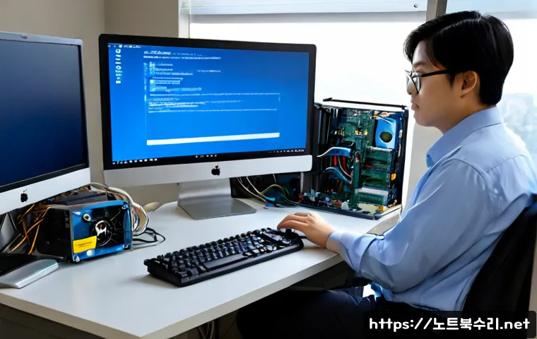 삼양동 HAL_INITIALIZATION_FAILED - Photorealistic IT support workstation in a compact hillside neighborhood office, dual monitors showi...