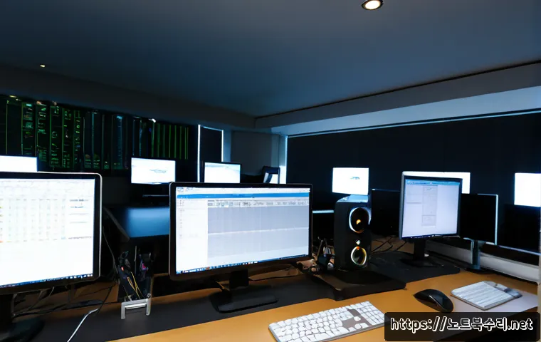 북창동 STATUS_FLOAT_DIVIDE_BY_ZERO - Photorealistic IT support workstation in a compact downtown Seoul office, dual monitors showing a cl...