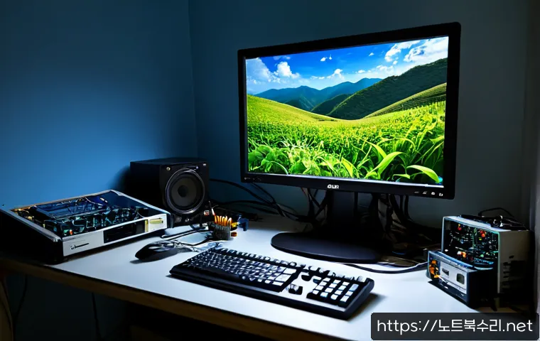 창신동 NMI_HARDWARE_FAILURE - Photorealistic electronics repair workstation in a compact Changsindong hillside studio, desktop com...