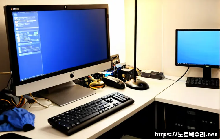 남방동 KERNEL_DATA_INPAGE_ERROR - Photorealistic remote PC repair workstation in a compact Korean apartment office, desktop monitor sh...