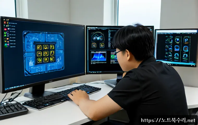 식사동 STATUS_KERNEL_MODULE_INVALID - Photorealistic IT support workstation in a modern suburban Korean office, engineer studying a laptop...
